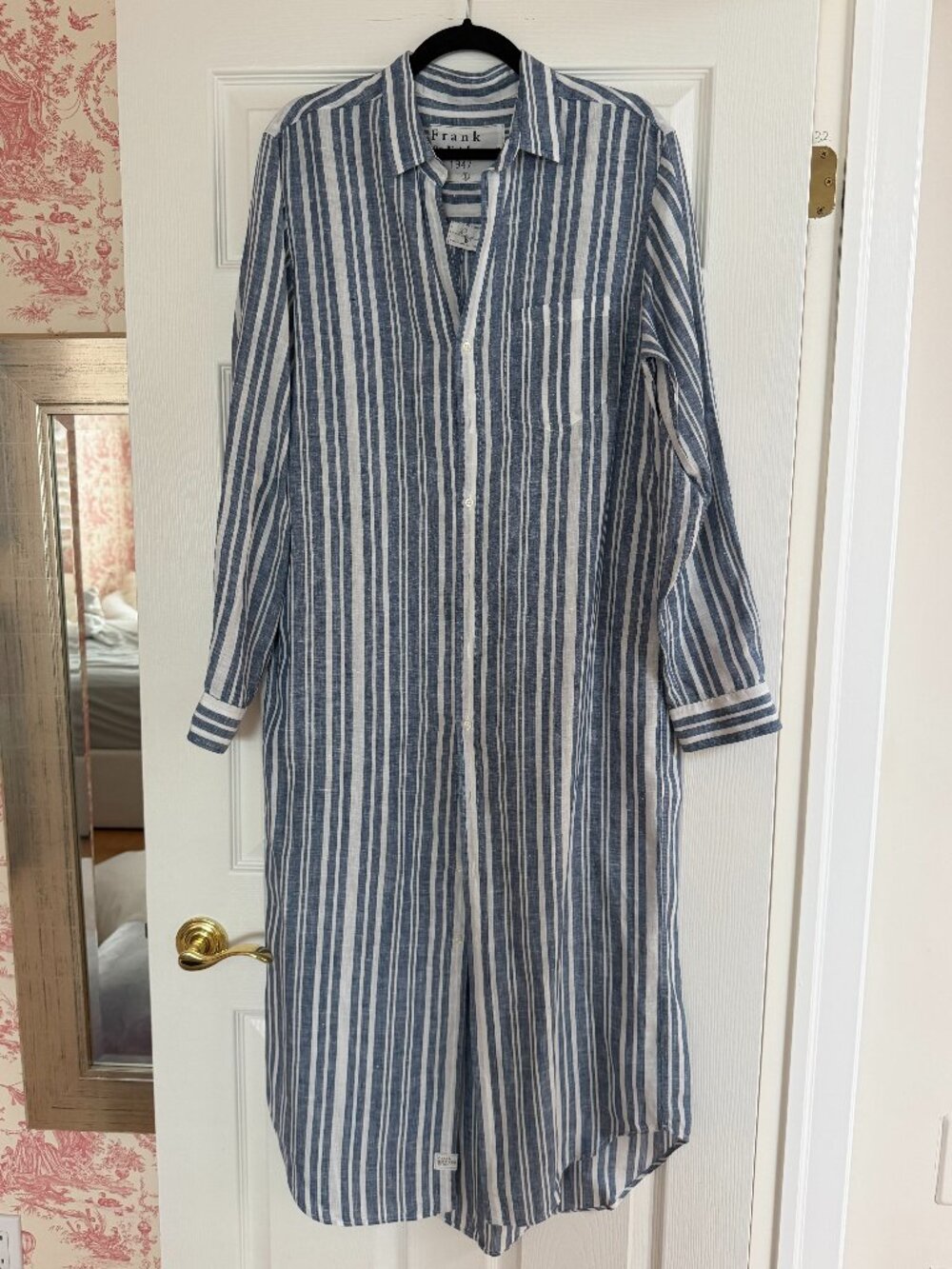 Frank and Eileen Linen Striped Summer ShirtDress. Blue and White stripes. Linen.